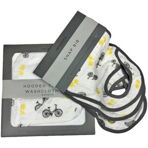 Baby Hooded Bath Towel Bamboo Washcloth 3 Bib Lot Bicycle Unisex Rayon Soft Lot